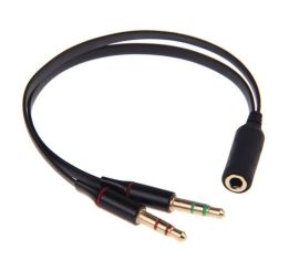 Audio Jack 3.5mm Y-Splitter M/F, Stereo+Microfoon, platte kabel, zwart, oa  iPhone/Samsung headset